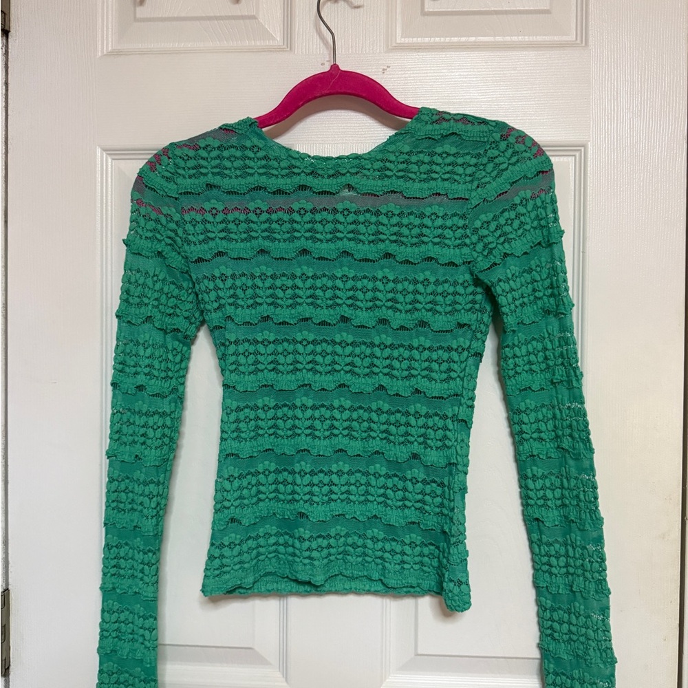BiBi Emerald Green Crochet Lace Long Sleeve Top - Slim Fit